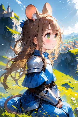 //quality, masterpiece:1.4, detailed:1.4,best quality:1.4,//,1girl,solo,loli,mouse girl,knight,//,brown mouse ears, animal ear fluff, brown mouse tail,(brown hair),long hair, messy hair,beautiful detailed eyes, (green eyes),//,(white armor), blue armor dress,leather belt,gauntlets,thigh,//,blush,light smile,looking up,looking away,cowboy shot,profile,//,sitting on grass,on mountain,//,medieval,medieval town, scenery,from side,nature,ink,ink smoke,ink smoke background