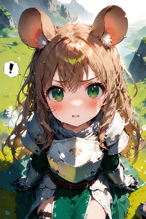 //quality, masterpiece:1.4, detailed:1.4,best quality:1.4,//,1girl,solo,loli,mouse girl,knight,//,brown mouse ears, animal ear fluff, brown mouse tail,brown hair,long hair, messy hair,beautiful detailed eyes, ((green eyes)),//,(white armor), cracked armor, broken armor,armor dress,leather belt,gauntlets,thigh,//,cold sweat,blush,surprised,serious,angry,mouth opened,shocked,close up portrait,under shadow,(spoken exclamation mark,!,!!),looking up,//,sitting on grass,on mountain,//,medieval,from above,aerial view,nature,dark background,ink,ink smoke,ink smoke background