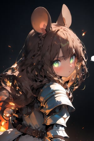 //quality, masterpiece:1.4, detailed:1.4,best quality:1.4,//,1girl,solo,mouse girl,knight,//,brown mouse ears, brown mouse tail,brown hair,(long hair),wavy hair,bangs,beautiful detailed eyes, light green eyes,glowing eyes,//,(white armor),leather belt,gauntlets,//, sweaty,blush,serious,mouth_open,looking_at_viewer,(from behind),//,(looking back),close_up portrait,//,windy,(black background),fire, stone road, flame , Medieval, //,ink paint,wind effect,fisheye,(((speech_bubble with Text read as "GO NOW!"))))