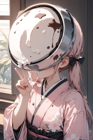 //quality, masterpiece:1.4, detailed:1.4,best quality:1.4,//,1girl,solo,(faceless),//,(sliver dish head),pink (long twintails),//,Black bow headband,pink sakura kimono, cream on clothes, chocolate on clothes,//,hand_up,v,v-sign,//, close_up portrait,//,bag_over_head, indoors,