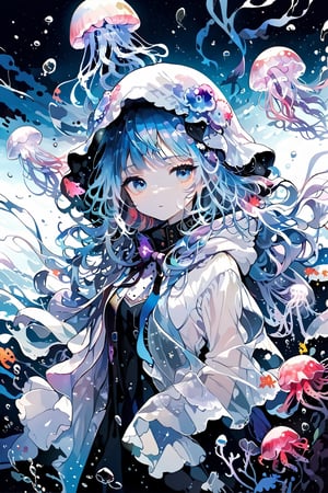 //quality, (masterpiece:1.331), (detailed), ((,best quality,)),//,illustration,//,1girl,jellyfish girl,//,(deepskyblue hair:1.331),(,long hair:1.21),hair_style,wavy_hair,sidelocks,(white jellyfish hood,:1.331),hood_up,see_through,long sleeves,medium breasts,pale skin,beautiful detailed eyes, blue eyes,eye_glow,//,expressionless,//,floating,floating in the sea,//,(underwater:1.331),kelp forest,jellyfish,white tentacles,//,dal,aesthetic,