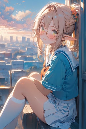 //quality, masterpiece:1.4,detailed:1.4,best quality:1.4, //,1girl, solo,//,elf,elf_ears,(dark skin),blonde_hair,straight_hair,french_braid,sidelocks,light green eyes,detailed eyes,(large chest),//,(glasses),hair_accessories,sailor_collar,white school uniform,(white stockings),//,light smile,closed_mouth,blush,//,sitting on window,hugging own legs,feet up,knee_up,,//,school,(sunset),backlighting,aesthetic,Colorful art,Vivid Colors,outdoors, building, cityscape,scenery