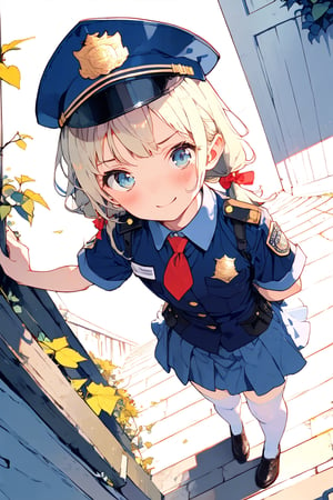 //quality, (masterpiece:1.3), (detailed), ((,best quality,)),//1girl,(loli:1.4),child,//,blonde_hair,sidelocks,(hair_bows:1.2),(low twintails:1.4),detailed eyes, blue eyes,//,(Text "FBI" uniform :1.4),(darkblue police_uniform:1.4),short_sleeves,(darkblue police_cap,darkblue miniskirt),((FBI badges,)),red tie,(white_stockings:1.2),//,(serious,angry),evil smile,(blush), looking_above,//,(hand_on_hair),standing,//,(from_above:1.4),(ground),plants,leaf,Porch Front,((Fisheye lens :1.4)),,emo