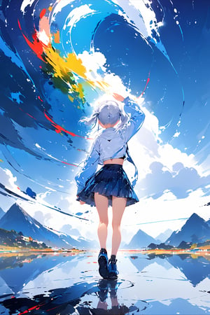 //quality, masterpiece:1.4, detailed:1.14, best quality:1.4,//,sky,reflection,reflection,scenery,horizon,Surreal Elements,glitch,data codes,glitch effect,1girl,short twintails,,white hair:1.3,blue hair:1.1,from behind.white crop top.blue skirt,long sleeves,arm raised up,median furrow,dynamic pose,wide_shot:1.4,mid_shot,vivid colours,ink paint,Colorful art