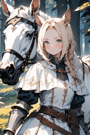 //quality, masterpiece:1.4, detailed:1.4,best quality:1.4,//,1girl,solo,royal knight,//,blonde_hair:1.3, long hair,(single braid),horse_ears,forehead,horse_tail, detailed eyes, blue eyes,//,detailed white armor,white cloak,puffy sleeves,gauntlets,leather_belt,//,blush, serious,light smile, closed_mouth,//,white horse,(riding white horse), cowboy_shot, straight-on,//, forest,wind effect, Medieval,