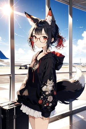 //quality, masterpiece:1.4, detailed:1.4, ,best quality:1.4, //, 1girl, cute,solo,Tekeli,//,black fox ears,animal ear fluff,black fox tail,black hair,red inner hair,short ponytail,sidelocks,red eyes,collarbones,small_chest,//, fashion,red_glasses,cross_necklace, black hoodie,hood_down,from_side,//,blush,>:),looking_at_viewer,light smile,//(,v,v-sign),suitcase,walking,cowboy_shot,//,indoor,blue sky,sunbreak,backlighting,window,airport,crown,scenery,ink paint