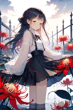 //quality, masterpiece:1.4, detailed:1.4,best quality:1.4,//(heavy raining),(red sky), (cloudy),fog, spider_lily_(flower),(garden),fence,//,1girl,solo,(loli),//, black_hair,long hair, straight_hair,sidelocks,closed_eyes,//,(black dress),white shirt,bow,long_sleeves,(white sleeves),black shoes,(wet),wet hair,wet clothes,wet legs,//,closed_mouth,smile,blush,//,holding spider_lily,//,(straight-on),Deformed,reflection,Storybook Style,illustration,