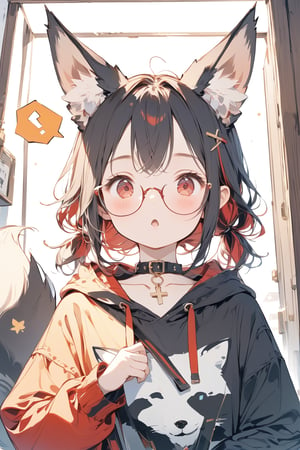 //quality, masterpiece:1.4, detailed:1.4, ,best quality:1.4, //, 1girl,solo,Tekeli,//,black fox ears,animal ear fluff,black fox tail,black hair,red inner hair,short ponytail,sidelocks,red eyes,collarbones,small_chest,//,fashion,red_glasses,cross_necklace, black hoodie,hood_down,//,blush,expressionless,:o,mouth_open,(looking_down),looking_at_viewer,//,(spoken_exclamation_mark),!,!!,close-up portrait,upper_body,hands out_of_frame,arms_outstretched,//,indoor, detailed room background,from_below,low-angle_shot