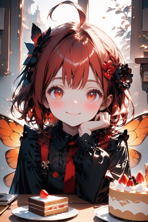 //quality, masterpiece:1.4, detailed:1.4, best quality:1.4,//,1girl,solo,//,red hair,short hair,ahoge,sidelocks,beautiful detailed eyes,glowing eyes,red eyes,//,hair_flowers,(bee_wings),black gothic_lolita,/,blush,closed_mouth,smile,looking_at_viewer,//,sitting,head resting on hand,//,indoors,desk,chairs,Details,Detailed Masterpiece,Deformed,while desk with a lot of cakes,drinks,cookies,//,close_up portrait,straight-on,,face focus