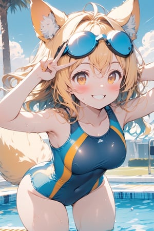 //quality, masterpiece:1.4,detailed:1.4,best quality:1.4, //,1girl, solo,//, yellow dog ears, animal ear fluff, yellow dog tail, hairstyle, yellow hair, long hair, wavy hair, bangs, yellow eyes, detailed eyes, large chests,//,goggle_on_head, school_swimsuit, sukimizu,wet, wet hair, sleeveless, covered_navel,//,blush, smile, grinning , //,leaning_forward,v,v over eyes, cowboy_shot,//,swimming_pool,competitive swimsuit,Colorful art,Vivid Colors