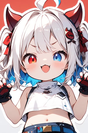 Σ(*ﾟдﾟﾉ)ﾉ The TensorArt-chan//,quality, masterpiece:1.4, detailed:1.4, best quality:1.4,//,1girl,solo,loli,cute,//,(short twintails),two side up,(white hair),(blue inner hair),ahoge,(devil horns),hair_accessories,beautiful detailed eyes,glowing eyes,(blue eye),red eye,((heterochromia)),navel,//,fashion,white crop top,white shirt,sleeveless_shirt,gloves,belt,blue skirt,//,evil smile,naughty_face,blush,smirk,frowning,cute_fangs,(tongue out),looking at viewer,looking down,//,(hands_up),(claw pose),paw pose, straight-on,//,light red_background,simple_background,close up portrait,upper_body,stickers,outline ,Deformed,sticker,chibi,chibi style,((Chibi character))