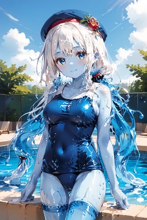 score_9,score_8_up,score_7_up,source_anime,BREAK,//quality, masterpiece:1.4,detailed:1.4,best quality:1.4, //,solo,young,1girl,(slime girl),//,(white hair),liquid hair,slime hair,blue gradient hair,long hair,(low-tied long hair),detailed eyes,light blue eyes,((((blue colored skin)))),(largebreasts),navel,(wet),wet_hair,slime body,slimy,liquid body,//,blue beret,candies accessories,school swimsuit,//,posing,//,closed_mouth,light smile,:3,//,slimes,blue sky,(school swimming_pool),Colorful art,Vivid Colors,ink paint,Slime,slime skin,wizardslimus,Translucent body 