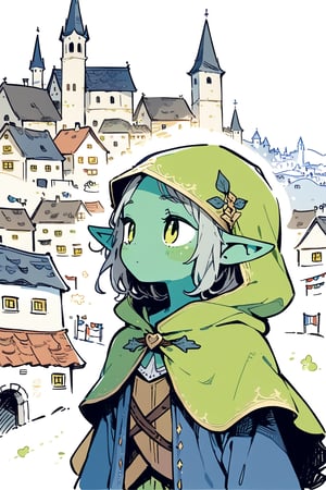 //quality, masterpiece:1.4, detailed:1.4,best quality:1.4,//,(doodle style),doodle art, children's drawings,//,goblin,pointed_ears,(((green skin))),1girl,solo,//, medieval clothes,hood up, cloak,face mask,//,:>, //,town, surrounding by elf, white background,doodleredm,cute,Deformed,cute comic