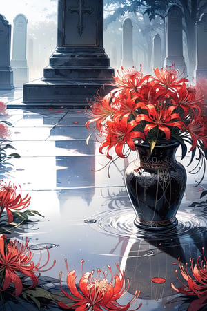 //quality, masterpiece:1.4, detailed:1.4,best quality:1.4,//,(grave),(grave focus),vase focus,close_up to flowers, (vase) with spider_lily_(flower) in front of the grave,//,perfect lighting,first-person_view,outdoors,puddle,wet flowers