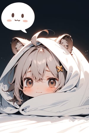 //quality, masterpiece:1.4, detailed:1.4,best quality:1.4,//,1girl,solo,//,raccoon girl,gray raccoon ears, animal ear fluff,gray hair, messy hair,ahoge, medium hair, brown eyes,detailed eyes,//,hair_accessories,accessories,pajamas,(wrapped blanket), white blanket,(head covering blanket),//,> <,blush,hold back one's tears, wavy_mouth, closed_mouth,bags_under_eyes,(bags under eyes),//,sitting on bed, (hiding under blanket),//,indoor,dark background, bedroom, white blanket,comfyblanket,chibi,tearing up,(((spoken speech bubble with Title Text "OK...")))