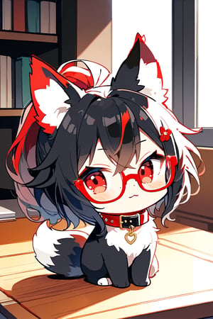 //quality, (masterpiece:1.3), (detailed), ((,best quality,)),//,(,fox only,chibi,solo,animal:1.4),(,no humans:1.4),//(,fluff fox, animal ear fluff),(black fox:1.2), (black hair, shot ponytail,red inner fluff),cute fox,red_eyes,( black fox_tail with red inner fluff),(glasses:1.2),:<,blushing,(collar),indoors, on table,