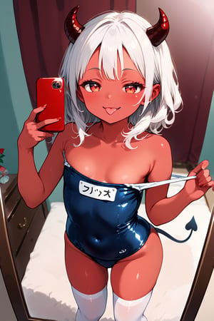 //quality, masterpiece:1.4, detailed:1.4,best quality:1.4,//,1girl,loli,solo,//,demon girl,((red colored skin)),(red skin),devil horns,(devil tail), white hair, medium hair, sidelocks, light red eyes, beautiful detailed eyes, half closed eyes,collarbone,covered_navel,//,hair_accessories, candies accessories,school swimsuit,(white thighhighs),//,evil, evil smile,tongue_out,light smile, naughty face,//,(one-piece swimsuit pull),swimsuit pull,holding mobile phone,selfie,mirror,dynamic pose,//,indoors,room,Deformed,one-piece swimsuit pull,score_7_up,score_9,source_anime