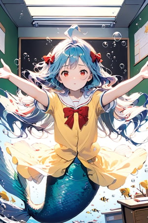 //quality, (masterpiece:1.4), (detailed), ((,best quality,)),//1girl,(mermaid:1.4),(loli:1.3), child,cute,//,(blue_hair:1.3),ahoge,floating_hair, detailed_eyes,(red eyes:1.2),//,bows,frilled,(yellow kindergarten uniform:1.3), yellow dress,//,furrowed brow,sad,gloom,:(,//,(outstretched arms,spread arms:1.4),(facing_viewer, straight-on:1.4),//,(classroom:1.4), (wall:1.1), (blackboard:1.3),(indoors:1.3),detailed room, underwater,(fish:1.2), bubbles,close_up,(comic:1.4)