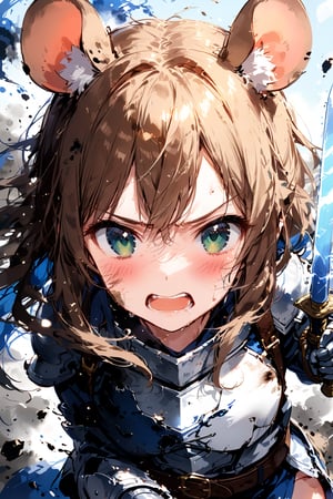 //quality, masterpiece:1.4, detailed:1.4,best quality:1.4,//,1girl,solo,mouse girl,knight,//,brown mouse ears, animal ear fluff, brown mouse tail,brown hair,long hair, messy hair, green eyes,//,white armor, cracked armor, broken armor,leather belt,gauntlets,thigh,//,dirty face, injured,wounded face,sweaty,angry,blush,serious,mouth open, screaming,//,((hands holding sword)),magic sword,light particles,(glowing sword),blue glowing sword,battle,(((girl running))),//,close-up,upper body,blue vtx,blue sky,smoke background, simple background,flying debris,ink,smoke,blue ink smoke,ink smoke background,ink paint,