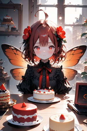 //quality, masterpiece:1.4, detailed:1.4, best quality:1.4,//,1girl,solo,//,red hair,short hair,ahoge,sidelocks,beautiful detailed eyes,glowing eyes,red eyes,//,hair_flowers,(bee_wings),black gothic_lolita,//,blush,expressionless,//,sitting,//,indoors,desk,chairs,room,Details,Detailed Masterpiece,Deformed,while desk with a lot of cakes,drinks,cookies,//,CAKE,close_up,straight-on