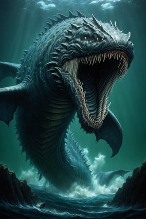 //quality, masterpiece:1.4, detailed:1.4,best quality:1.4,//,horror, terrible,giant sea monster,leviathan a sea monster,fangs,deep sea,dark sea,wide shot,no humans,scenery,