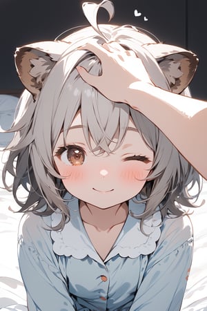 //quality, masterpiece:1.4, detailed:1.4,best quality:1.4,//,1girl,solo,//,raccoon girl,gray raccoon ears,gray raccoon tail, animal ear fluff,gray hair, messy hair,ahoge, medium hair, brown eyes,detailed eyes,//,hair_accessories,accessories,pajamas,//,blushing, smile,closed_mouth,one_eye_closed,//,on bed,(spoken heart),speech bubble with spoken_heart,(heart),<3,heart_(symbols),//,indoor,dark background, bedroom,face focus,headpat, pov hands,pov,pov girl hand, pov hand with white sleeves 