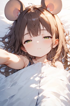 //quality, masterpiece:1.4, detailed:1.4,best quality:1.4,//,1girl,solo,loli,//,mouse ears, long hair, messy hair, brown hair,//,covering blanket,under blanket,//,(eyes half closed),green eye,(sleepy),close up,upper body,aerial view,from above, upper body, straight-on, (one arm up),((arm_outstretched)),lying down,(on bed),blanket,closed mouth,indoors, pillow, under covers,(medieval),pov girl hand, pov hands, solo focus,holding hands, ou