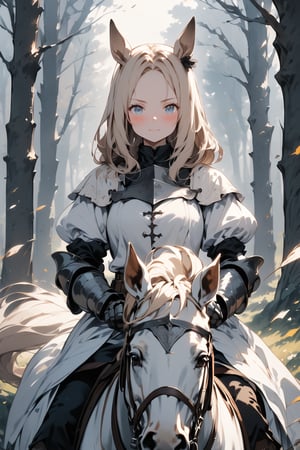 //quality, masterpiece:1.4, detailed:1.4,best quality:1.4,//,1girl,solo,royal knight,//,blonde_hair:1.3, long hair,(single braid),horse_ears,forehead,horse_tail, detailed eyes, blue eyes,//,detailed white armor,white cloak,puffy sleeves,gauntlets,leather_belt,//,blush, serious,light smile, closed_mouth,//,(riding on white horse), straight-on,//, forest,wind effect, Medieval,