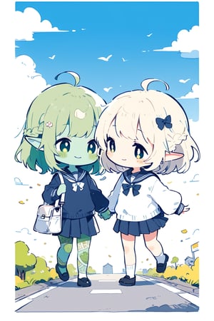 //quality, masterpiece:1.4, detailed:1.4,best quality:1.4,//,(doodle style),//,goblin,pointed_ears,(((green skin))), 2girls,loli,ahoge,green hairs, medium_hair, straight_hair,//,= =,darkblue school_uniform,schoolbag,tattoo,//,smile,//, blue sky,Japanese road,cute comic,doodleredm, chibi,BREAK, symmetry,2girls, multiple_girls,elf girl with white skin, (holding_another's_hand)