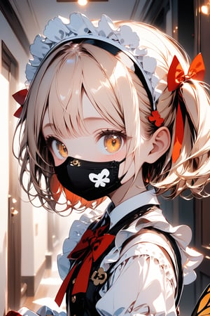 //quality, masterpiece:1.4, detailed:1.4, best quality:1.4,//,1girl,solo,loli,//,blonde hair,two_side_up,short_hair,drill_hair, detailed eyes,yellow eyes,//,bee_wings,(black face_mask) with clover_symbols,bow,maid headband,white maid_costume with clover_symbols,long_sleeves,clover symbols,white gloves,//,looking_at_viewer,from_side,hand_on_head,//,indoors,hallway,Deformed,(close_up portrait),Details,Detailed Masterpiece,
