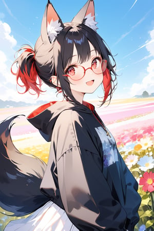 //quality, masterpiece:1.4, detailed:1.4, ,best quality:1.4, //, 1girl, cute,solo,Tekeli,//,black fox ears,animal ear fluff,black fox tail,black hair,red inner hair,short ponytail,red eyes,//, fashion,red_glasses,cross_necklace, hoodies,hood down,//,blush,happy,:D,(from side), looking away,//,ink paint, bright lights and colors,nature, blue sky, (colorful flower fields), flowers, scenery,wide shot