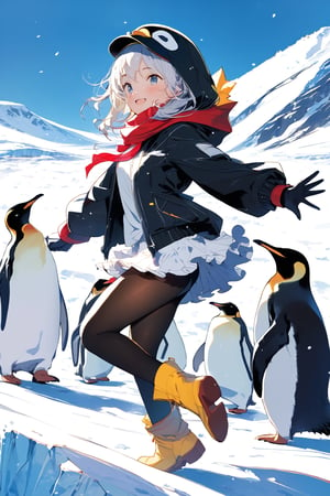 //quality, (masterpiece:1.331), (detailed), ((,best quality,)),//,1girl,(loli:1.1),//,white hair,detailed eyes,//,(penguin costume:1.3),(black and white penguin hood:1.4),(hood_up:1.1),long_sleeve, gloves,(black pantyhose:1.1), yellow boots,//,blush, happy_face,light smile,//, (dancing:1.3),,//, (((penguins,too many penguins))), group of penguins,(surrounding by penguins:1.4),scenery,ice,ice land,blue sky,emo,ice and snow,Penguin ,Bird,fluffy fur,Animal ,dynamic angle 