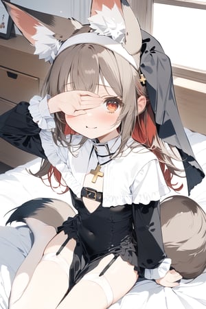 //quality, masterpiece:1.4, detailed:1.4, ,best quality:1.4, //,1girl,cute,loli,solo,Tekeli,//,black fox ears,black fox tail,(black hair),red inner hair,red_eye,long_hair,straight_hair,small_chest,flat_chest,//,(black nun costume),long_sleeves,nun headwear,covered_navel,cross_necklace,white leotard,leotard under clothes,leotard under nun costume,(pelvic curtain),(white garter straps),garter_belt,garter stockings,//,blushing,wavy_mouth,sweat_drops,//,from_above,(hand covering eyes),close-up portrait, kneeling on bed,//,indoor,bedroom,Nun,red eye,Deformed