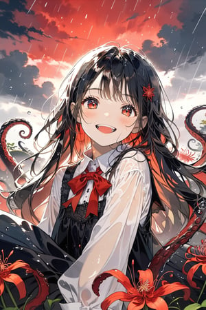 //quality, masterpiece:1.4, detailed:1.4,best quality:1.4,//(heavy raining),(red sky), (cloudy),fog, spider_lily_(flower),(garden),fence,//,1girl,solo,(loli),//, black_hair,long hair, straight_hair,sidelocks,eye_half_closed,red_eyes, detailed_eyes, glowing_eyes,//,(
black dress), (white shirt),bow,long_sleeves,(white sleeves),(wet),wet hair,wet clothes, (black tentacles),,//,smiling,(blushing), happy_face,mouth_open,upper_teeth,looking_at_viewer,looking_up,//, face focus,close_up portrait,(straight-on),Deformed,red glowing light particles,red light spot,red back light, form_above