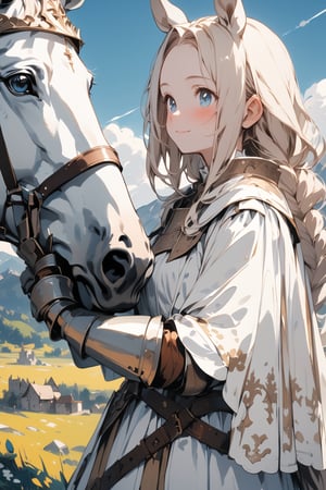 //quality, masterpiece:1.4, detailed:1.4,best quality:1.4,//,1girl,solo,royal knight,//,blonde_hair:1.3, long hair,(single braid),horse_ears,forehead,horse_tail, detailed eyes, blue eyes,//,detailed white armor,white cloak,gauntlets,leather_belt,//,blush,light smile, closed_mouth,//, (white horse),close-up shot of girl touching a white horse, patting horse, ,//,nature,blue sky, mountains,Medieval,