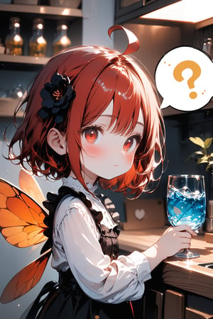 //quality, masterpiece:1.4, detailed:1.4, best quality:1.4,//,1girl,solo,//,red hair,short hair,ahoge,sidelocks,beautiful detailed eyes,glowing eyes,red eyes,//,hair_flowers,(bee_wings),black gothic_lolita,//,blush,expressionless,speech_balloon,looking_at_viewer,(spoken_question_mark),?,??,//,(standing),drinking water,drinking_glass,glass of (water),(holding glass of water),//,indoors, kitchen,Details,Detailed Masterpiece,Deformed, close_up,cowboy_shot,(from side),