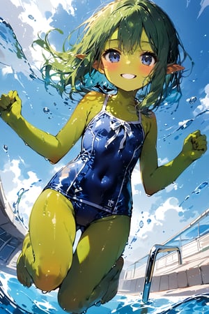 //quality, masterpiece:1.4, detailed:1.4,best quality:1.4,//,pointed_ears,((((green skin)))),1girl,loli,solo,sidelocks,green hair, medium_hair, straight_hair,blue_eyes,collarbone,covered_navel,//,(wet),wet_hair,blue school_swimsuits,//,fists,happy, mouth_open,smile, jump, (( girl jumping )),jumping to water,(from below), dutch_angle,//,blue sky,swimming_pool,ink paint,