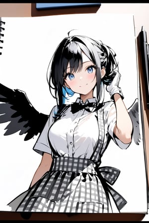 //quality, masterpiece:1.4, detailed:1.4, ,best quality:1.4,//,1girl,solo, waitress,//,black_hair,hair intakes,short hair with long locks,blue inner hair, detailed eyes, glowing eyes, darkblue eyes,(large chest),(black wings),big wings,feather_wings, detailed wings,//, bow, bowtie, white shirt, short sleeves, apron, gingham apron, employee uniform, high-waist skirt,white gloves,//,blush, smile,looking_at_viewer,head_tilt,wince,winking,;),//,hands_raised,adjusting_hair,close-up portrait,//,paper drawing,Sketch book,(Sketch),rough stretch,(Gray scale),(Monochrome),Pencil sketch,flat style,