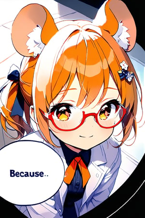 //quality, masterpiece:1.4, detailed:1.4,best quality:1.4,//,1girl,chibi,solo,loli,//,mouse_ears,mouse_tail, animal ear fluff,orange_hair,short ponytail,sidelocks,orange_eyes,detailed eyes,//,hair_accessories,ribbons,round glasses,white lab coat,pleated skirt,//,blush,embarassed,light smile,closed_mouth,looking_down,looking_at_viewer,//,close up portrait,arm_outstretched, straight-on,//,indoor,dark background, bedroom,((((speech bubble with Title text reads as "BECAUSE..." )))),((Chibi character))