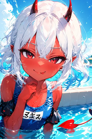 ,//quality, masterpiece:1.4, detailed:1.4,best quality:1.4,//,1girl,loli,solo,//,demon girl,((red colored skin)),(red skin),devil horns,(devil tail), white hair, medium hair, sidelocks, light red eyes, beautiful detailed eyes, half closed eyes,collarbone,covered_navel,(wet),wet_hair,//,hair_accessories,candies accessories,school swimsuit,//,evil smile,tongue_out,smirk,//,close-up portrait, ((Selfie)), holding mobile phone,//,blue sky,swimming_pool,Colorful art,Vivid Colors,ink paint,