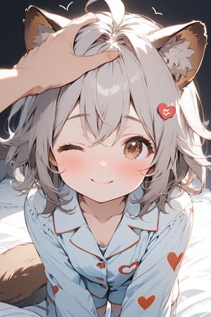 //quality, masterpiece:1.4, detailed:1.4,best quality:1.4,//,1girl,solo,//,raccoon girl,gray raccoon ears,gray raccoon tail, animal ear fluff,gray hair, messy hair,ahoge, medium hair, brown eyes,detailed eyes,//,hair_accessories,accessories,pajamas,//,blushing, smile,closed_mouth,one_eye_closed,//,on bed,(spoken heart),(heart),<3,heart_(symbols),//,indoor,dark background, bedroom,face focus,headpat, pov hands,pov,pov girl hand, pov hand with white sleeves 