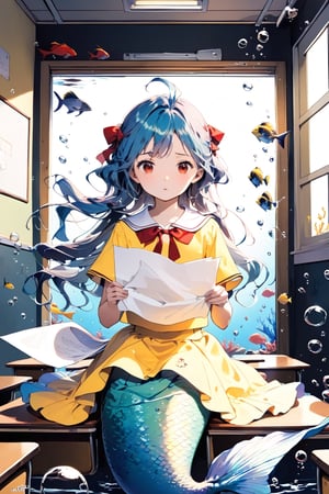 //quality, (masterpiece:1.4), (detailed), ((,best quality,)),//1girl,(mermaid:1.4),(loli:1.3), child,cute,//,(blue_hair:1.3),ahoge,floating_hair, detailed_eyes,(red eyes:1.2),//,bows,frilled,(yellow kindergarten uniform:1.3), yellow dress,//,furrowed brow,sad,gloom,:(,//,(holding paper:1.3),(facing_viewer, straight-on:1.4),//,(classroom:1.4), (wall:1.1), (blackboard:1.3),(indoors:1.3),detailed room, underwater,(fish:1.2), bubbles,close_up,(comic:1.4)
