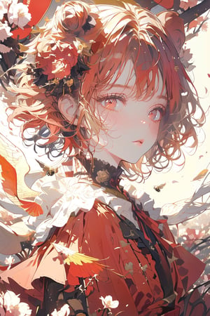 //quality, (masterpiece:1.4), (detailed), ((,best quality,)),//, cloes-up portrait,1girl,solo,bee_girl,//, red hair, short hair,antenna_hair,sidelocks,hair_flowers, beautiful detailed eyes,glowing eyes,red eyes,//,(bee wings:1.3),red_dress,
,//, blush,expressionless,facing_viewer,//,,//, scenery, outdoors, flower_petals,flying_petals, flowers petals floating in air,((bees)),//,emo,