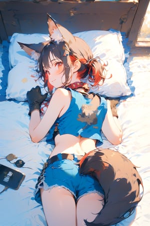 //quality, masterpiece:1.4, detailed:1.4, ,best quality:1.4, //, 1girl,solo,Tekeli,//,black fox ears,animal ear fluff,black fox tail,black hair,red inner hair,(short ponytail),sidelocks,red eyes,median furrow,//,fashion,(adventure costume),cat_collar,(camouflage),crop top,sleeveless,blue mini shorts, gloves,//,blush,closed_mouth,smile,(face down),lying on bed,(on stomach),(thumbs_up),(hand_up),//,indoors,bedroom,pillow,bed,from_behind,from_above,scenery