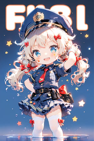 //quality, (masterpiece:1.3), (detailed), ((,best quality,)),//1girl,(loli:1.4),child,(chibi:1.4),//,blonde_hair,sidelocks,(hair_bows:1.2),(low twintails:1.4),detailed eyes, blue eyes,//,(darkblue police_uniform:1.4),short_sleeves,(darkblue police_cap,darkblue miniskirt),red tie,(white_stockings:1.2),//,(smile,blush),upper_teeth,//,(saluting:1.4),//,straight-on, Heart \(Symbol\), Star \(Symbol\), (colorful background:1.2), Art Tint, ((Sticker:1.4)),artint, (title,title with Text "FBI" :1.4),Text, frutiger style,Emote Chibi,chibi