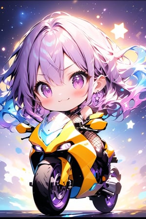 //quality, masterpiece:1.4, detailed:1.4, ,best quality:1.4, //,1girl,solo,(chibi),//, ((purple_hair)), (blue hair),(((gradient hair))), long hair, wavy hair,detailed eyes, glowing eyes, purple eyes: 1.3,shoulders,large chests,//, goggle on head: 1.1, earrings,yellow jacket, leotard, detached sleeves, (fishnets), thigh boots,//, blush,smile,mouth_open, >3<,(xd),XD face,//, yellow motorcycle, riding motorcycle, detailed motorcycle,(pov motorcycle),from_side, //,neon lights glow in the dark,starry_night,star_background,star_(symbol) ,night,blurry_background,backlighting,vibrant colors,Colorful art,ink paint,((Chibi character))