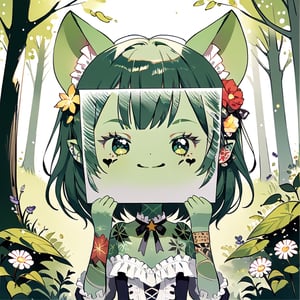 //quality, (masterpiece:1.4), (detailed), ((,best quality,)),//1girl,chibi,//,(goblin_ears:1.3),(green skin:1.4), medium_hair, straight_hair,//, lolita,//, smile,//,holding paper,//, forest,leaf, flowers, body tattoo, face tattoo ,PaperLikeFace