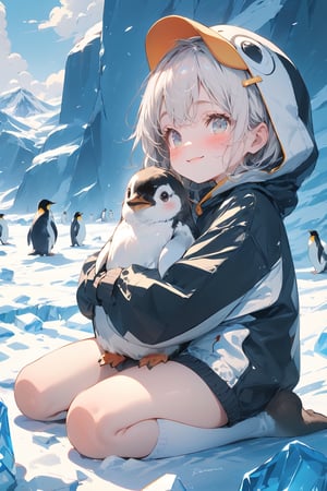 //quality, (masterpiece:1.331), (detailed), ((,best quality,)),//,1girl,(loli:1.1),(penguin_girl:1.3)//,white hair,detailed eyes,//,(penguin costume:1.3),(black and white penguin hood:1.4),(hood_up:1.1),//,blush, happy_face,light smile,//,kneeling,(hugging_penguin:1.3),//, ((penguins,lots of penguins,surrounding by penguins)),scenery,ice,ice land,ice mountain,emo