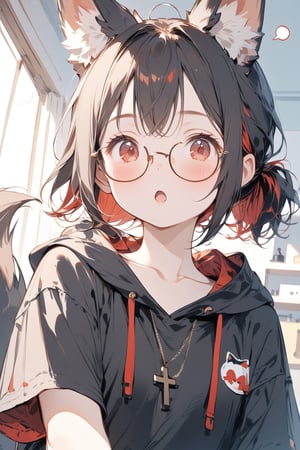 //quality, masterpiece:1.4, detailed:1.4, ,best quality:1.4, //, 1girl,solo,Tekeli,//,black fox ears,animal ear fluff,black fox tail,black hair,red inner hair,short ponytail,sidelocks,red eyes,collarbones,small_chest,//,fashion,red_glasses,cross_necklace, black hoodie,hood_down,//,blush,expressionless,:o,mouth_open,(looking_down),looking_at_viewer,//,(spoken_exclamation_mark),!,!!,close-up portrait,upper_body,hands out_of_frame,arms_outstretched, straight-on,//,indoor, detailed room background,(from_below),low-angle_shot