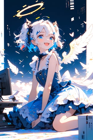 [Angel ଘ( ˊᵕˋ )ଓ TensorArt:0.00]//quality, (masterpiece:1.331), (detailed), ((,best quality,)),//portrait,//,1girl,solo,loli, (angel:1.331),//,(short twintails:1.331),(white hair:1.3),(blue hair:1.2),(colored inner hair:1.4),ahoge,(halo:1.331),hair_accessories,(small_breasts:1.331), blue eyes,beautiful detailed eyes,glowing eyes,(angel_wings),//,lolita,(white topwear:1.21),(blue_dress: 1.331),//, smile ,cute_fangs, looking at viewer,//, sitting,//,internet,line code,(data codes:1.331), (glitch effect:1.331),(scenery:1.331), computer, table,//,Flat vector art